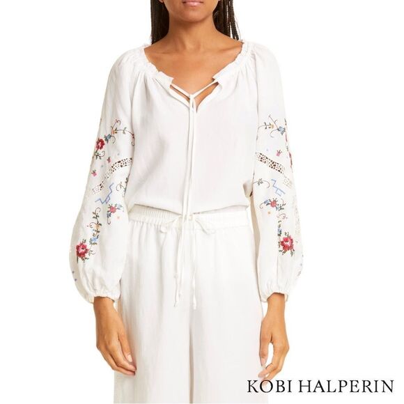 KOBI HALPERIN **NWT** Krissy Floral Embroidered Balloon-Sleeve Blouse in White - Picture 1 of 13